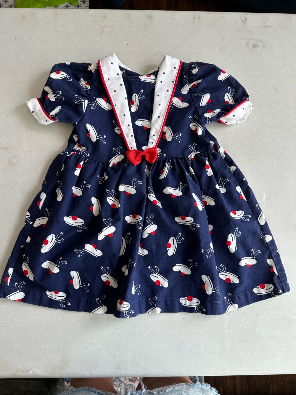 Vintage OshKosh Sailor Beret Hat Girls Dress 3T USA Red White Blue Cotton Bow